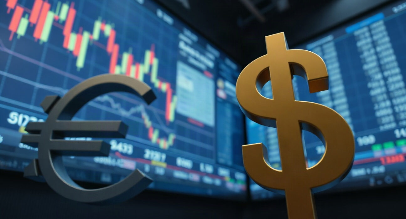 Euro and US Dollar symbols on a trading floor, with the dollar in focus as it strengthens against the euro.