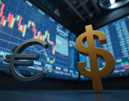 Euro and US Dollar symbols on a trading floor, with the dollar in focus as it strengthens against the euro.