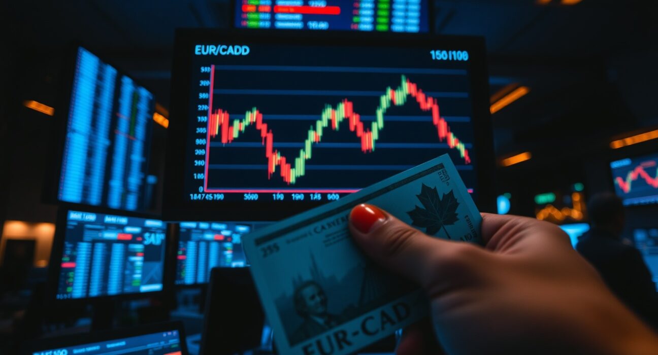 EUR/CAD forex chart showing a downward trend on a trading floor monitor with a Canadian dollar banknote in the foreground.