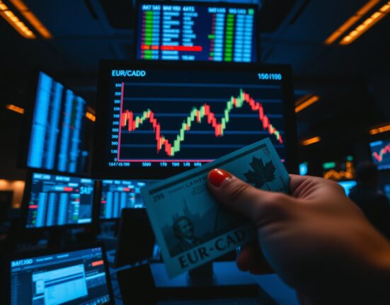 EUR/CAD forex chart showing a downward trend on a trading floor monitor with a Canadian dollar banknote in the foreground.
