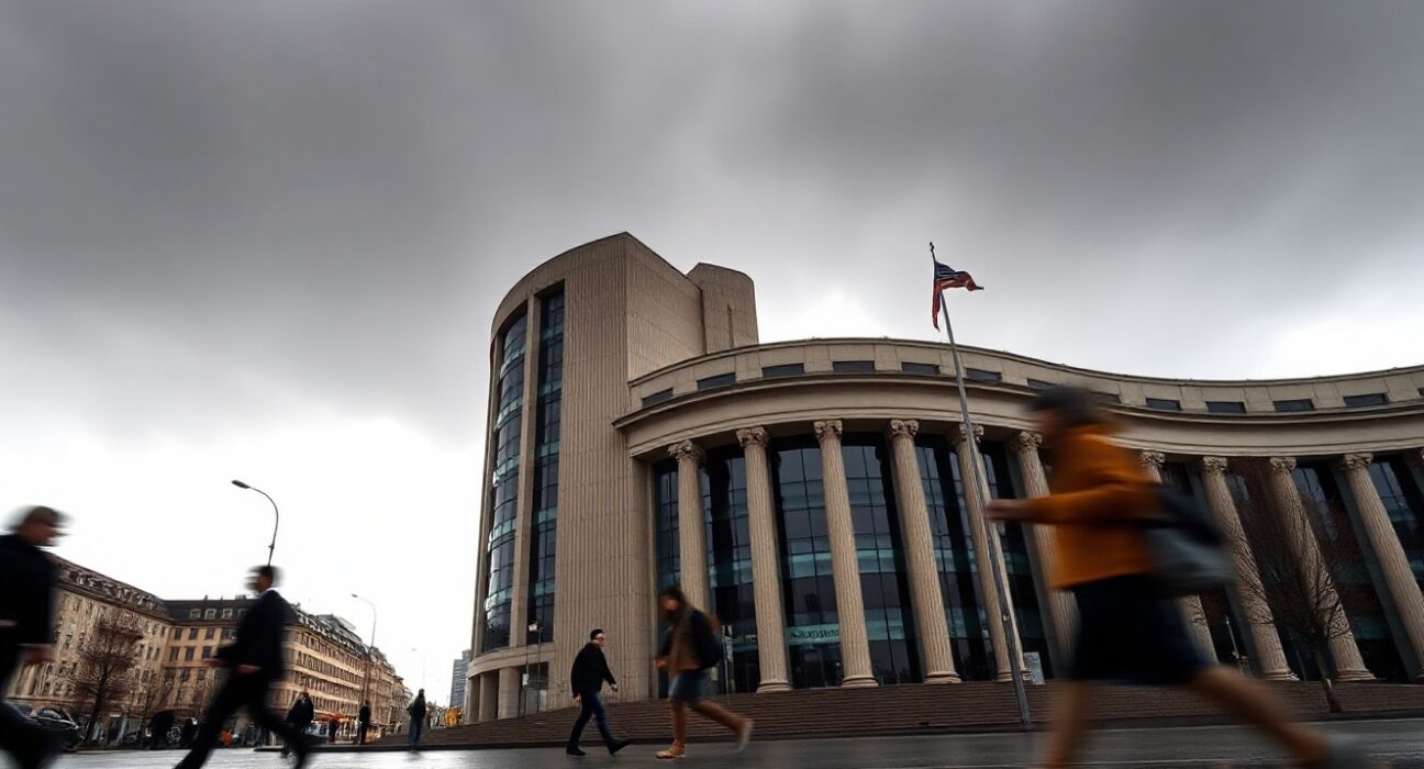European Central Bank headquarters in Frankfurt under overcast sky, representing euro currency decline after rate hike.