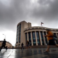 European Central Bank headquarters in Frankfurt under overcast sky, representing euro currency decline after rate hike.