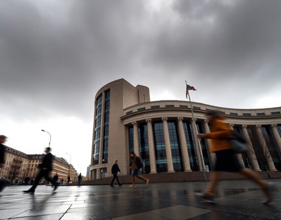 European Central Bank headquarters in Frankfurt under overcast sky, representing euro currency decline after rate hike.