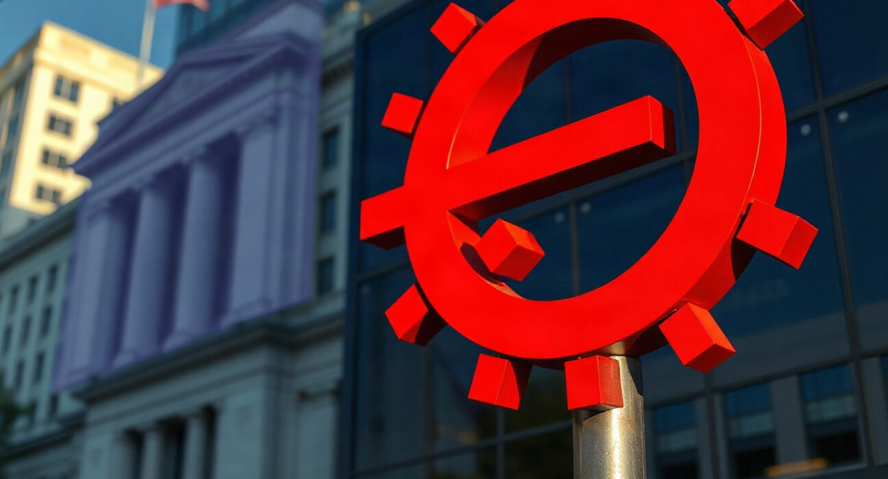 Euro currency symbol on a financial board with European Central Bank building in background