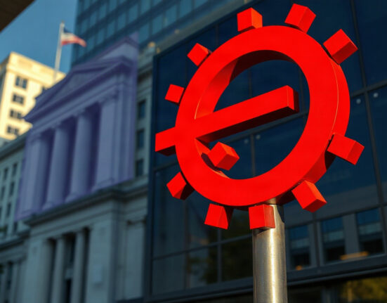 Euro currency symbol on a financial board with European Central Bank building in background