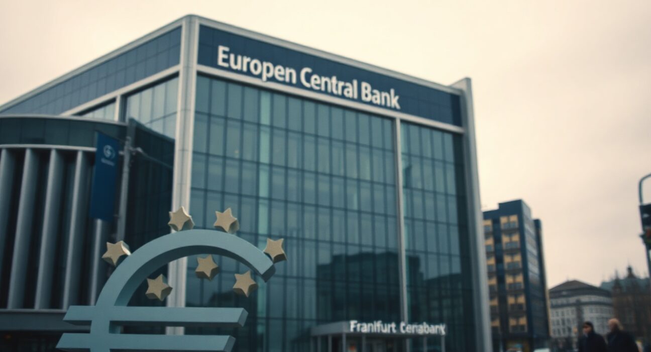 European Central Bank building in Frankfurt on a cloudy day