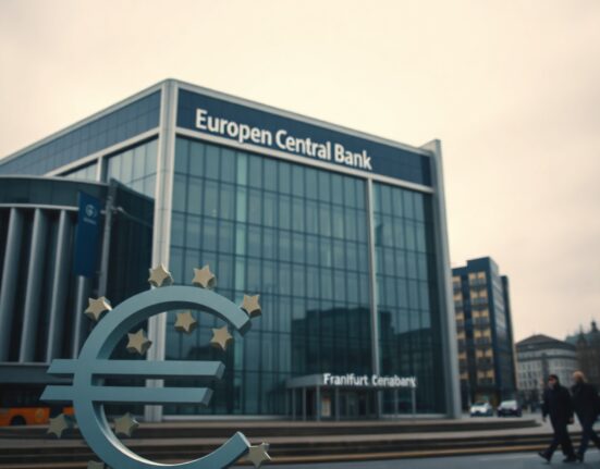 European Central Bank building in Frankfurt on a cloudy day