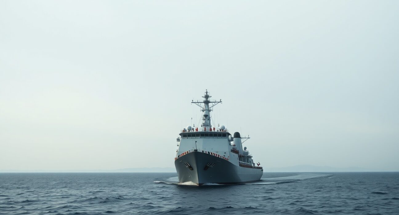 Naval vessel in the Strait of Hormuz under overcast skies representing geopolitical tension