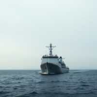 Naval vessel in the Strait of Hormuz under overcast skies representing geopolitical tension