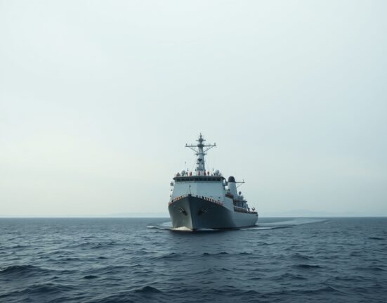Naval vessel in the Strait of Hormuz under overcast skies representing geopolitical tension