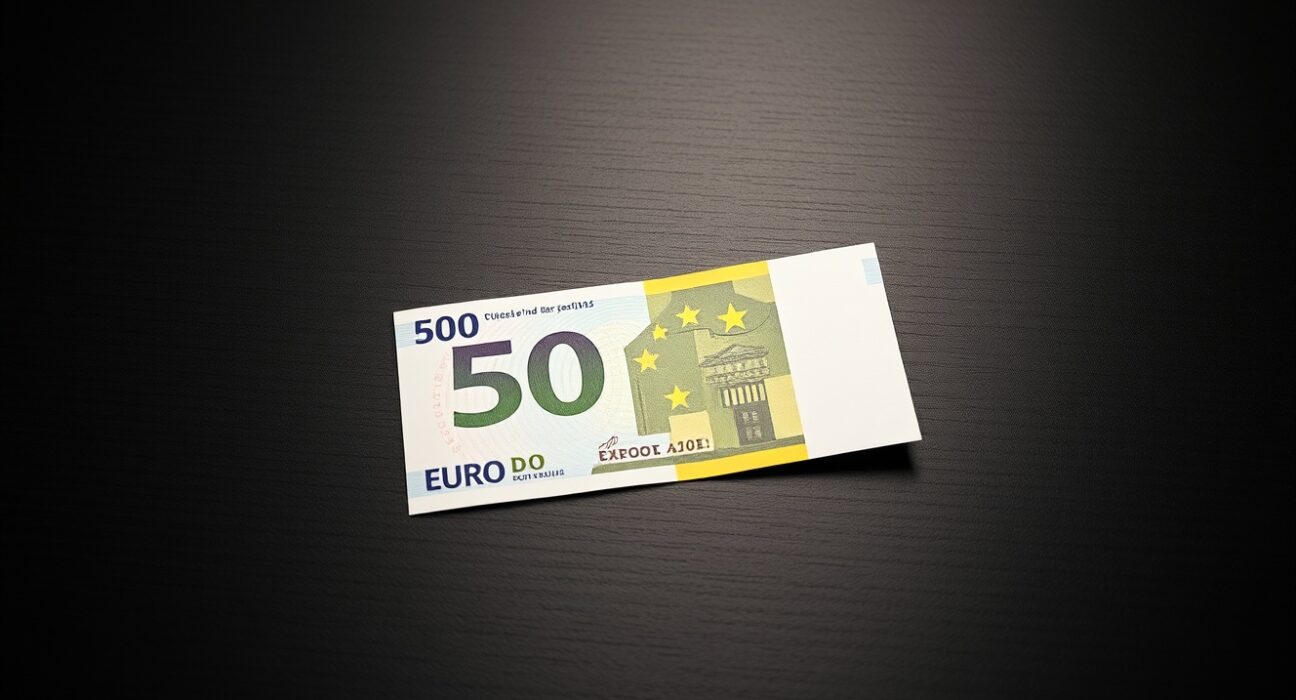 A single Euro banknote on a dark surface representing currency market movements.