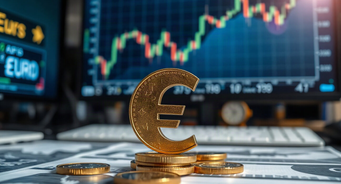 Euro and British Pound coins on a trading desk with EUR/GBP chart in background