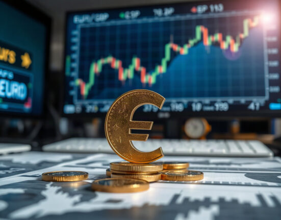 Euro and British Pound coins on a trading desk with EUR/GBP chart in background