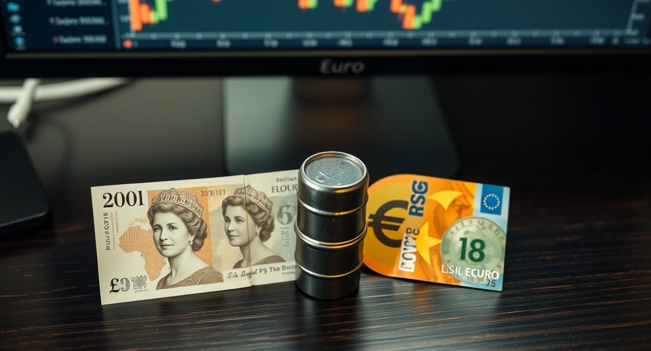 Euro and British pound banknotes with a small oil barrel on a trading desk, representing currency market reaction to falling oil prices.