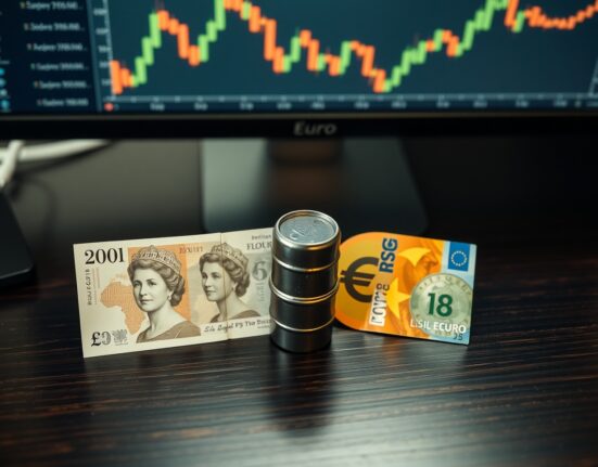 Euro and British pound banknotes with a small oil barrel on a trading desk, representing currency market reaction to falling oil prices.