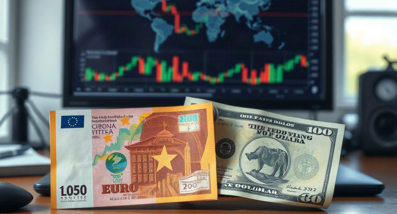 Euro and US dollar banknotes on a financial desk with charts in the background
