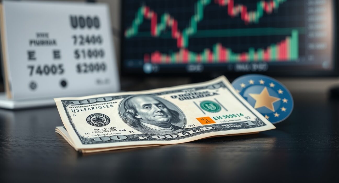 US dollar and euro banknotes on a desk, with the dollar in focus symbolizing its strength against the euro.