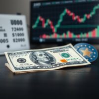 US dollar and euro banknotes on a desk, with the dollar in focus symbolizing its strength against the euro.