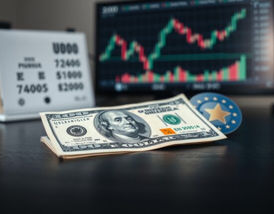 US dollar and euro banknotes on a desk, with the dollar in focus symbolizing its strength against the euro.