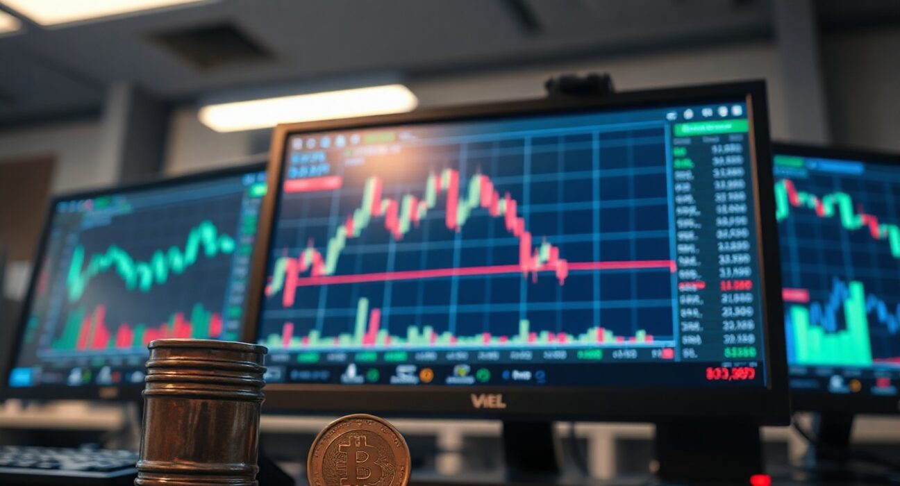 EUR/GBP chart on a trading screen with oil barrel and pound coin on desk