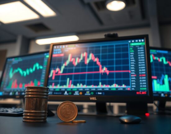 EUR/GBP chart on a trading screen with oil barrel and pound coin on desk