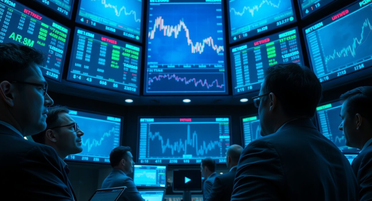 Traders monitoring falling EUR/USD charts on screens in a financial trading floor