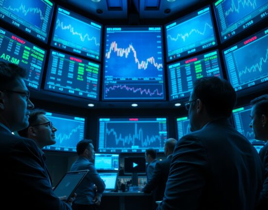 Traders monitoring falling EUR/USD charts on screens in a financial trading floor