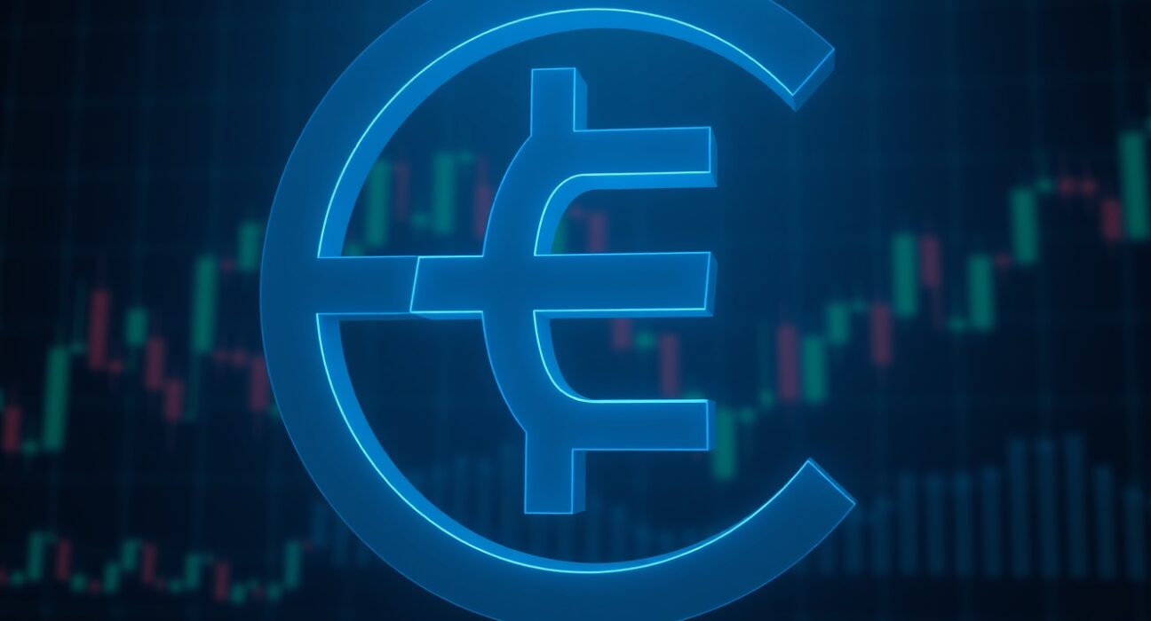 Euro currency symbol on dark financial market background with chart lines