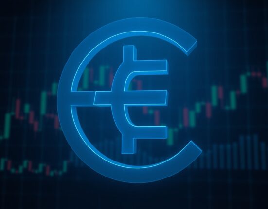 Euro currency symbol on dark financial market background with chart lines