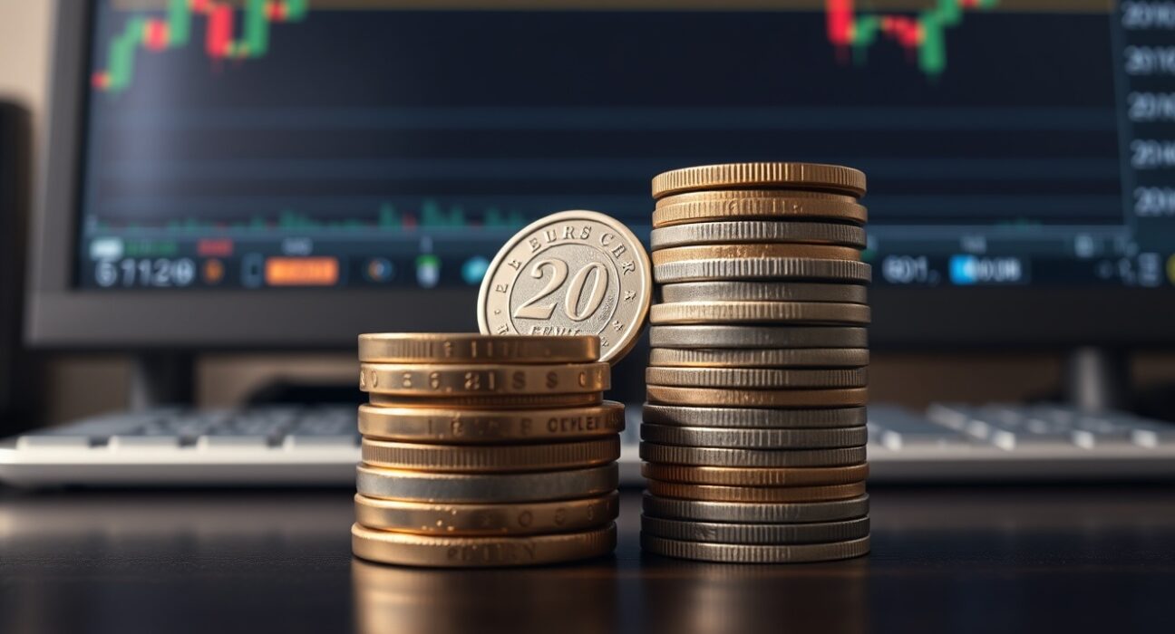 Euro and British Pound coins on a desk with a blurred forex chart in the background.