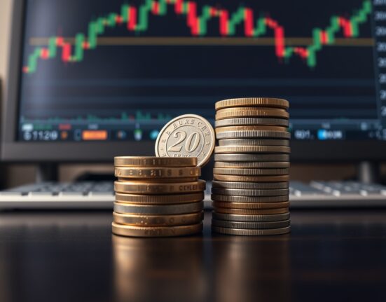 Euro and British Pound coins on a desk with a blurred forex chart in the background.
