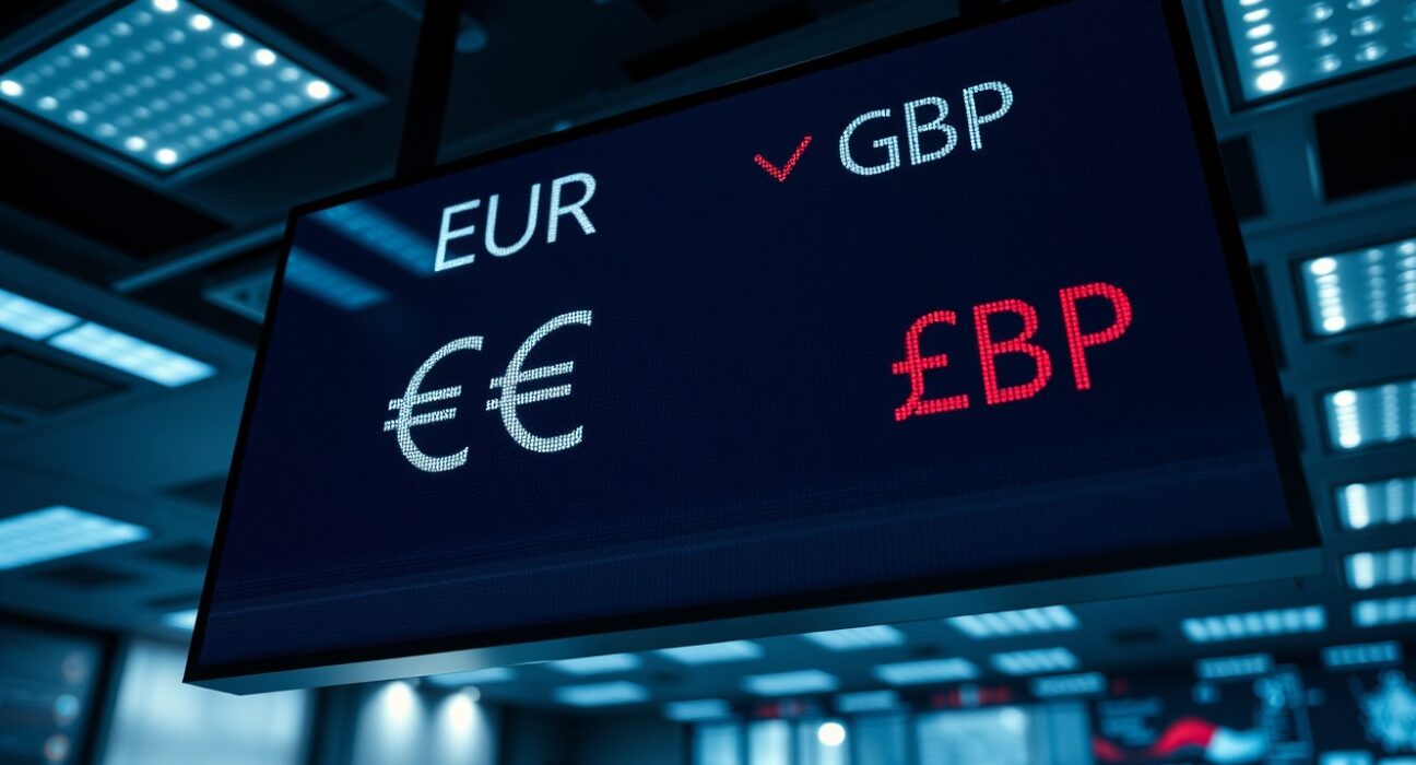 Digital trading screen showing EUR/GBP exchange rate with euro in decline