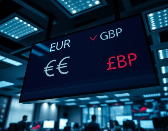 Digital trading screen showing EUR/GBP exchange rate with euro in decline