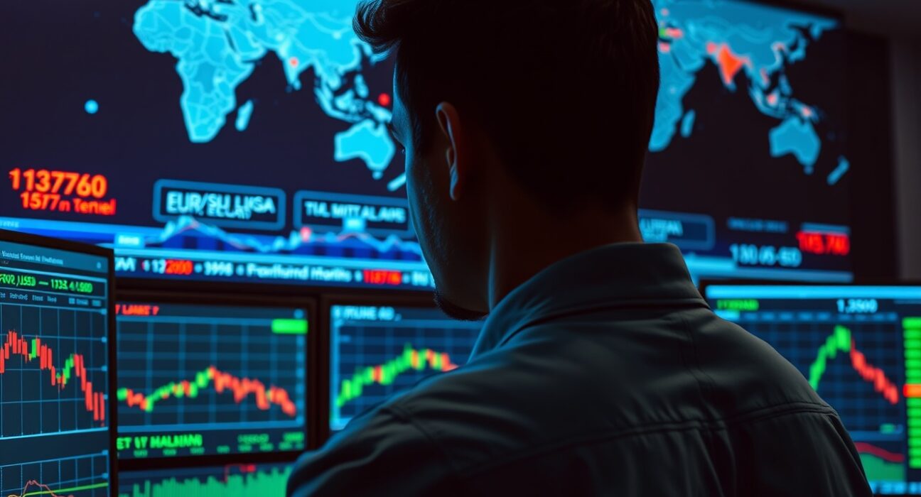 Forex trading desk with EUR/USD chart showing decline near 1.1600 amid geopolitical tensions