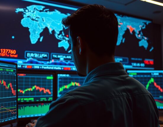 Forex trading desk with EUR/USD chart showing decline near 1.1600 amid geopolitical tensions