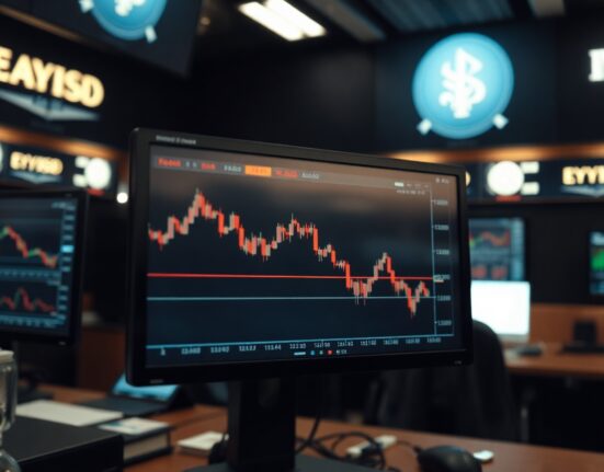 EUR/USD chart showing decline on trading screen amid geopolitical tensions