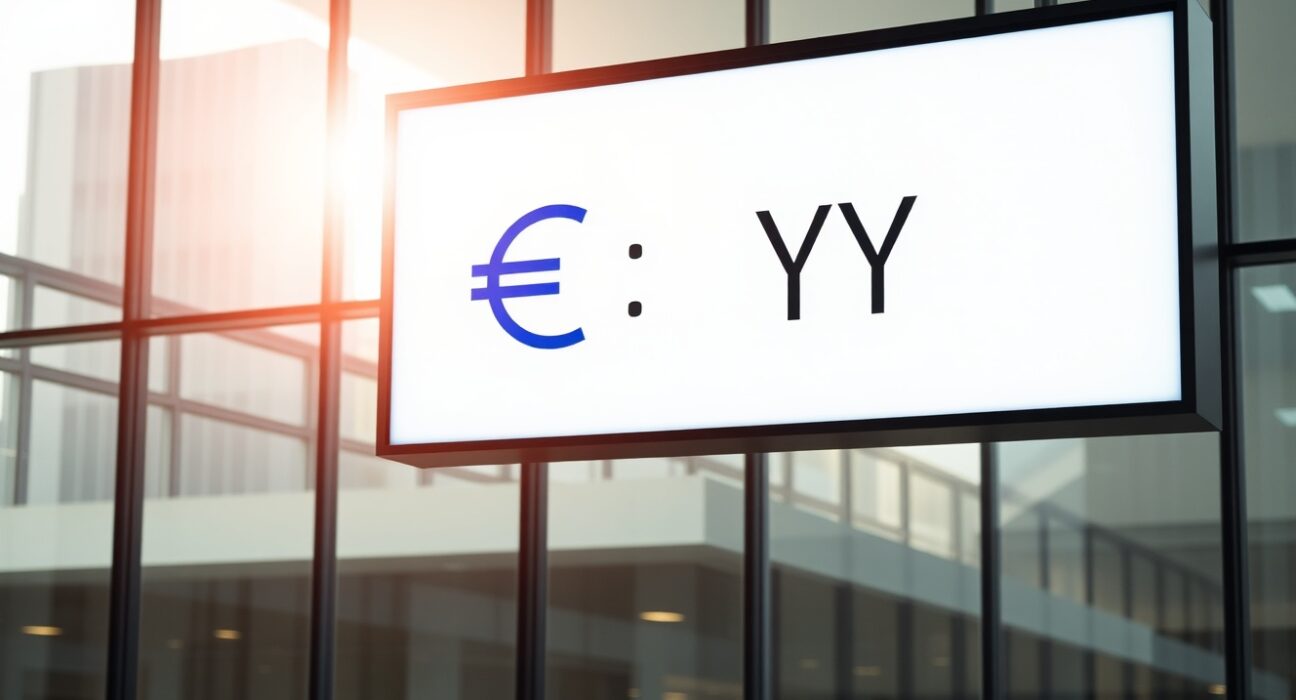Digital currency exchange board showing stable EUR/JPY rate in a modern financial district setting