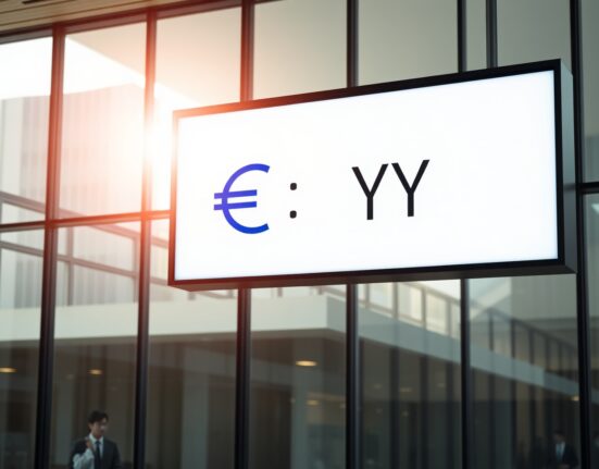 Digital currency exchange board showing stable EUR/JPY rate in a modern financial district setting