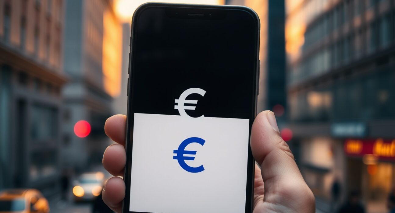 Smartphone displaying a digital euro symbol with financial district in background