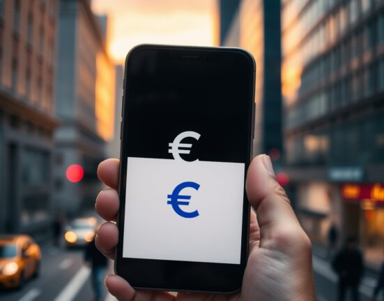Smartphone displaying a digital euro symbol with financial district in background