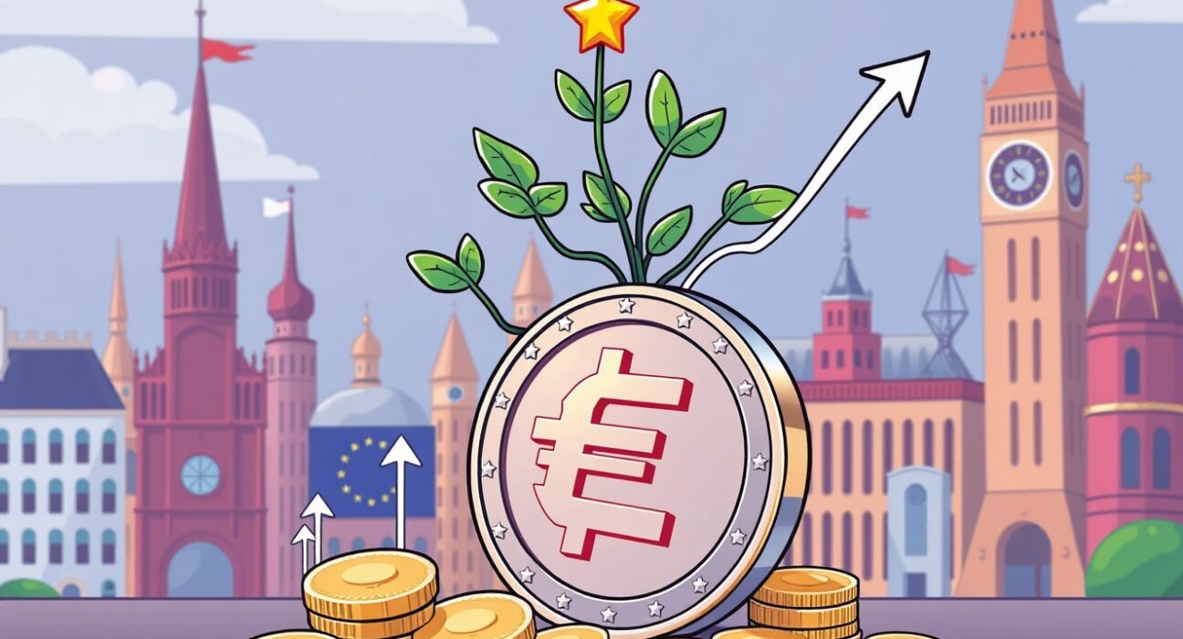 Euro stablecoin market cap growth illustrated with multiplying digital euro coins and blockchain elements.