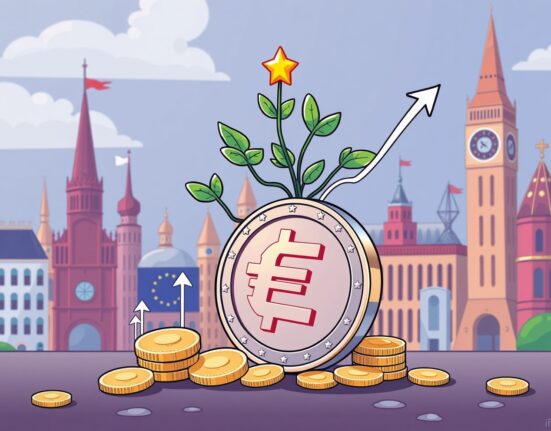 Euro stablecoin market cap growth illustrated with multiplying digital euro coins and blockchain elements.