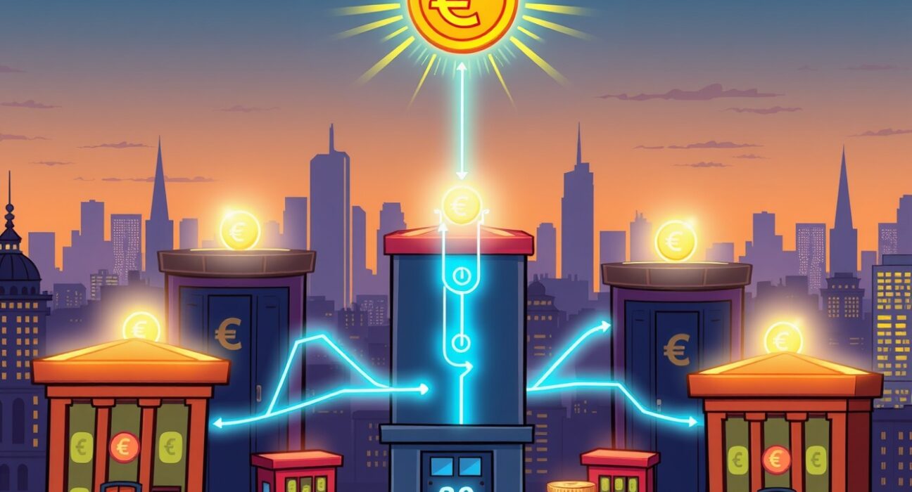 A vibrant cartoon of European banks launching a new euro stablecoin to empower digital finance.