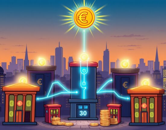 A vibrant cartoon of European banks launching a new euro stablecoin to empower digital finance.
