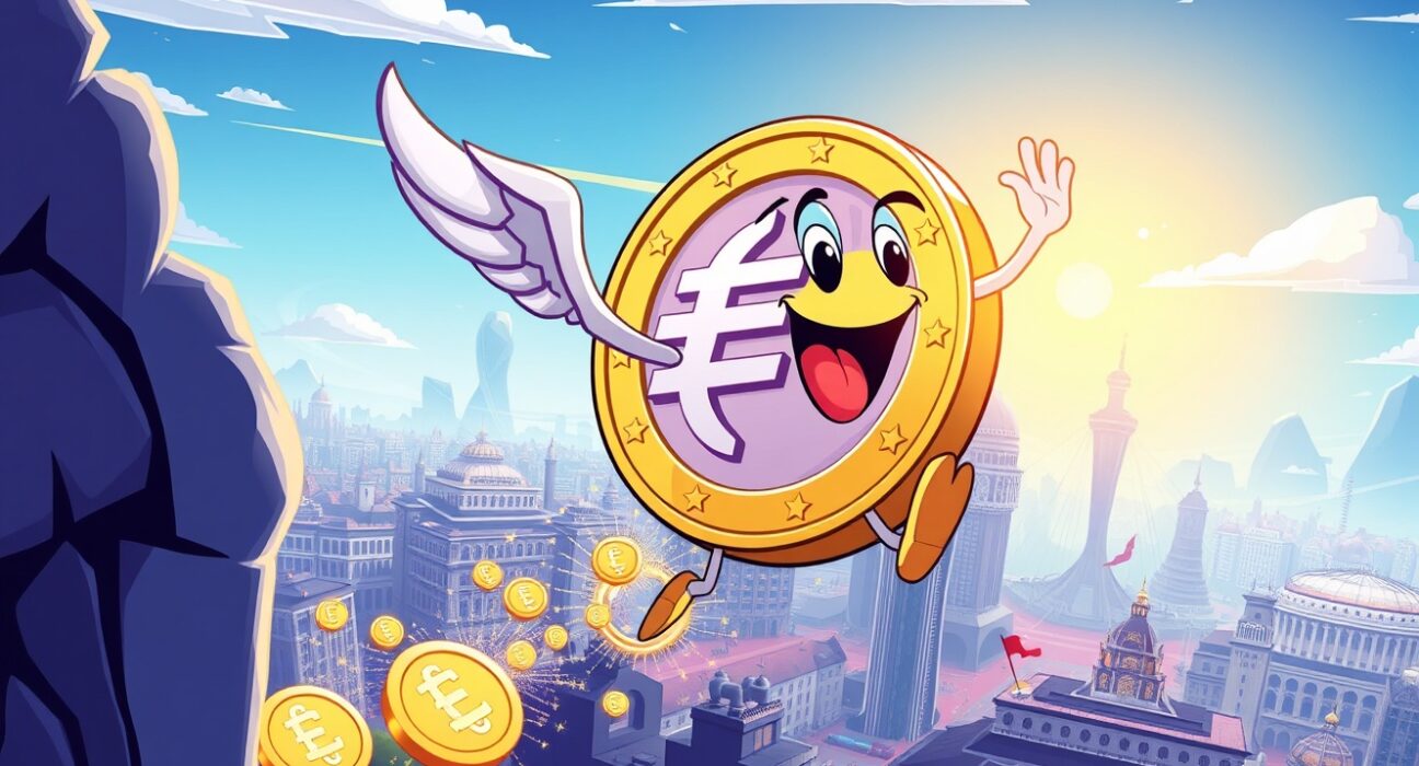 A vibrant cartoon illustrating the explosive growth of the euro stablecoin supply across Europe.