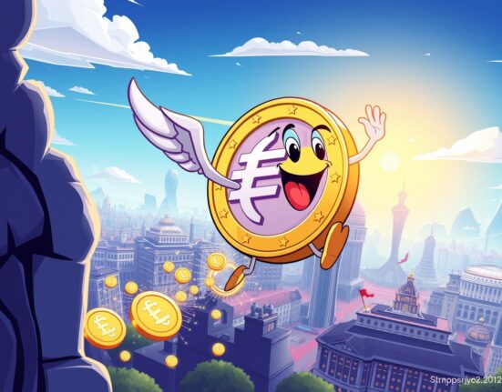 A vibrant cartoon illustrating the explosive growth of the euro stablecoin supply across Europe.