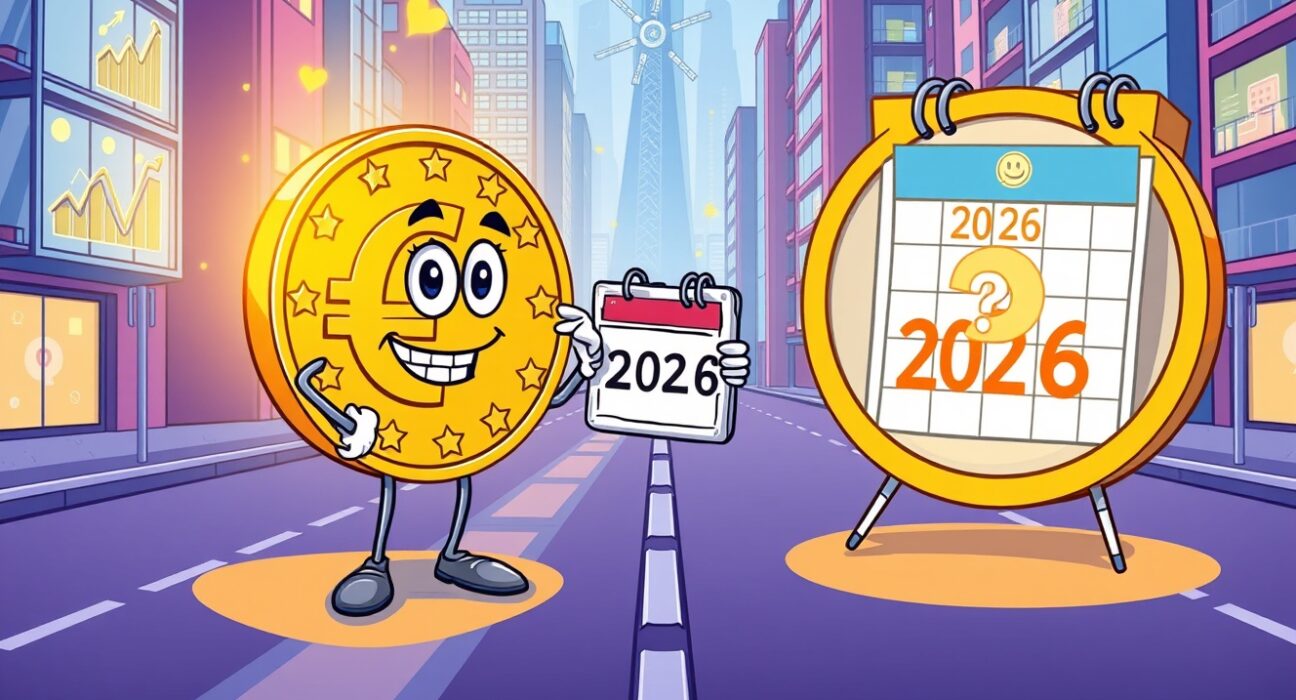 A determined euro coin at a crossroads deciding the future success of euro stablecoins by 2026.
