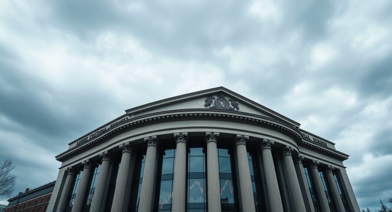 European Central Bank building in Frankfurt under cloudy sky, representing monetary policy and euro analysis.