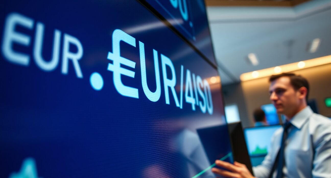 EUR/USD exchange rate displayed at 1.1640 on a trading screen with a trader in the background