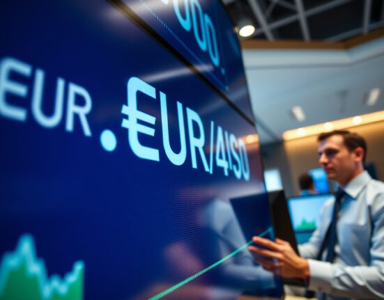 EUR/USD exchange rate displayed at 1.1640 on a trading screen with a trader in the background